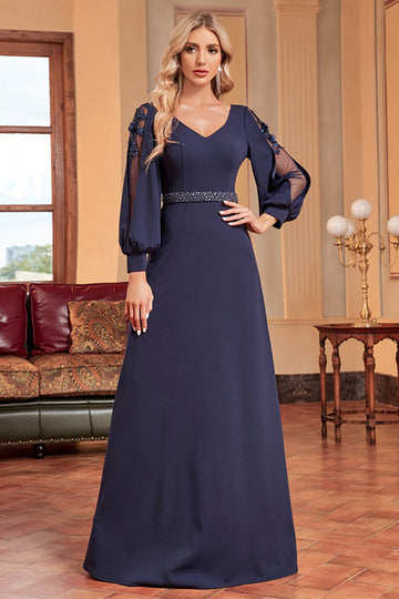 A-Line Long Sleeves Navy Formal Dress with Beading